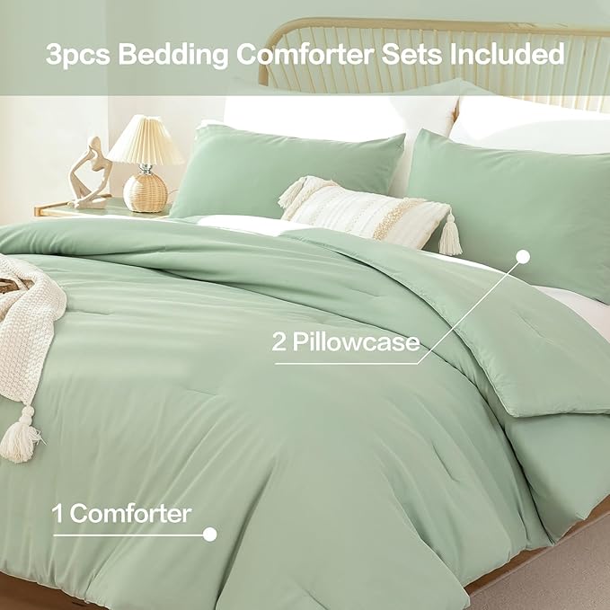 ROSGONIA Oversized King Comforter 120x120, 3pcs Super King Comforter (1 Sage Green Comforter & 2 Pillowcases) Lightweight Warm Bedding Set Quilt