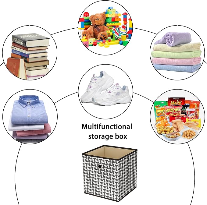 Foldable Storage Cubes Bins ,11 Inch Cloth Storage Cube Fabric Storage Box Cubes Organizer Baskets with Dual Handles for Home Organizer Set of 6 (Houndstooth) - Image 3
