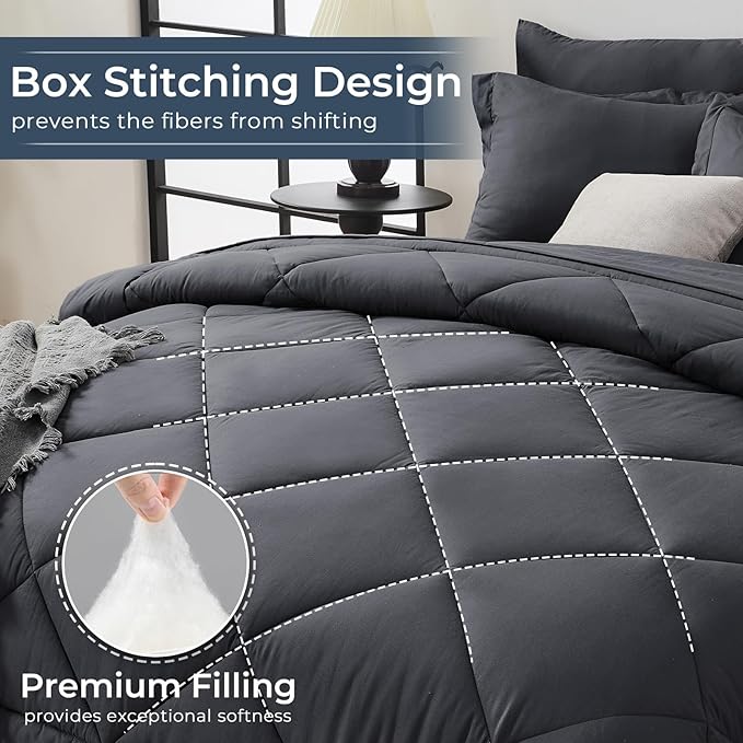 HEVUMYI Twin-XL Comforter Set - 5-Piece All Season Bed in a Bag Twin-XL, Ultra Soft Bedding Set with Comforter, Flat Sheet, Fitted Sheet, Pillowcases, Pillow Shams, Dark Grey