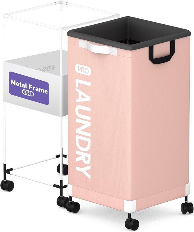 Caroeas Next-Gen 105L Matel Frame Laundry Basket with wheels, Heavy Duty Tall Rolling Laundry Hamper with Removable Wash Bag, Collapsible Freestanding Clothes Hamper For Laundry Room (105L,Pink,1Pack) by Caroeas