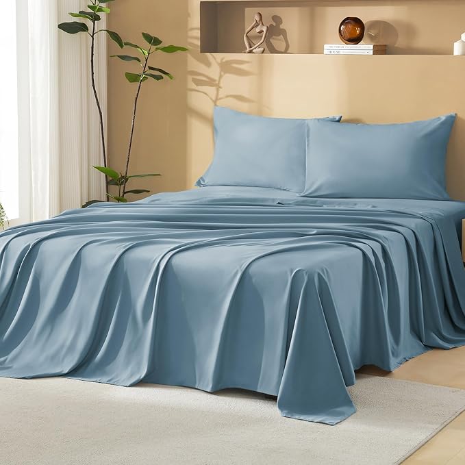 Litanika Twin Comforter Set with Sheets Dusty Blue - 5 Pieces Boho Tufted Shabby Chic Bed in a Bag, Fluffy Soft Farmhouse Bed Set for All Seasons