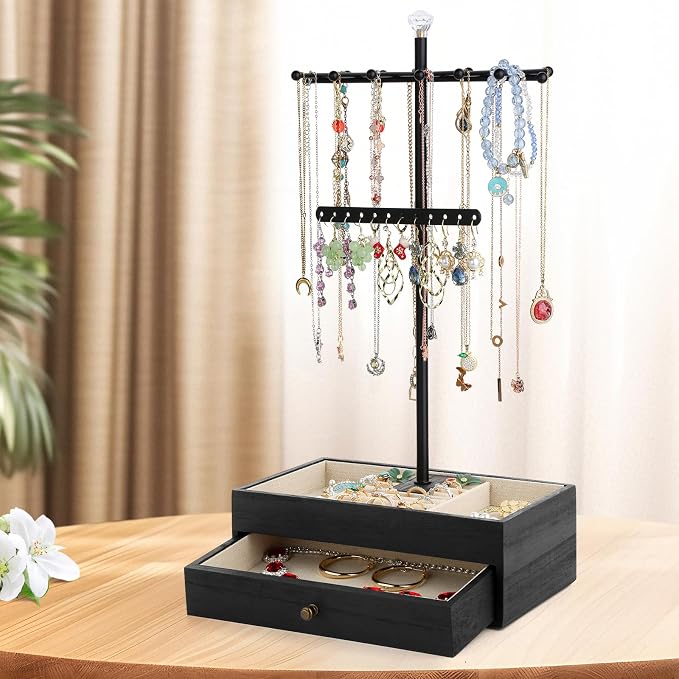 Meangood Jewelry Organizer Stand, 3-Tier Necklace Holder Jewelry Tree with Wooden Storage Drawer Box for Necklace Bracelet Earring Ring,Black - Image 2