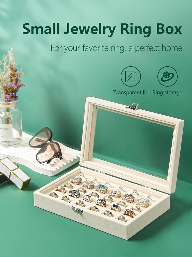 Ring Holder Organizer Box,Jewelry Ring Display Case, Earring Necklace Storage Tray With Top Glass Lid (Beige, 30 Slots Ring) - Image 2
