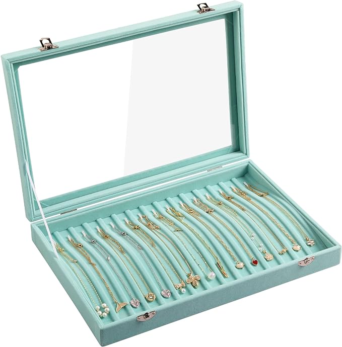 Frebeauty 15 Hooks Necklace Tray Velvet Neckalce Organizer with Clear Lid Lockable Necklace Holder Box Jewelry Organizer for Pendants Chains Necklace Jeweley Tray for Women Girls(Turquoise) by Frebeauty