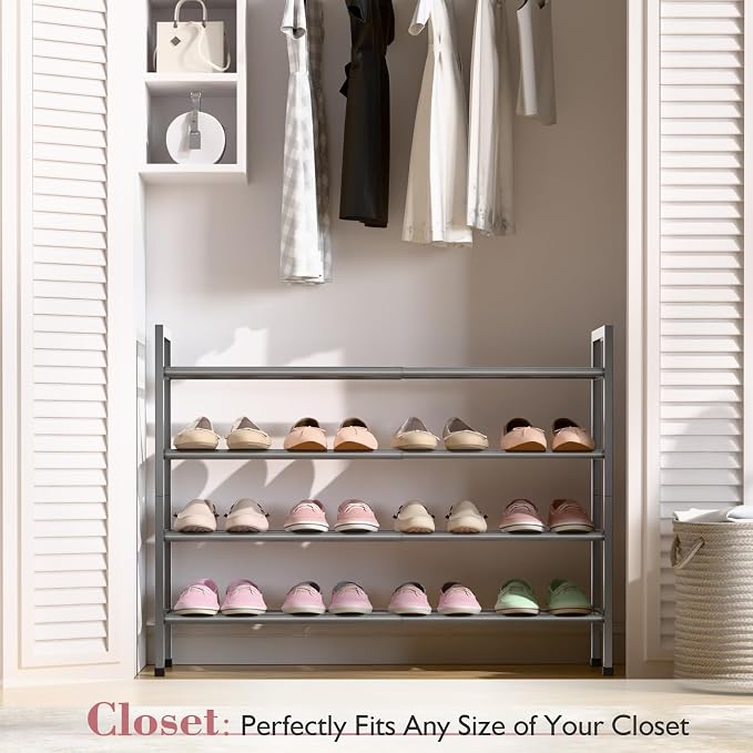 Bumusty 4-Tier Expandable Shoe Rack for Closet, 18“-33” Adjustable Shoe Rack for Small Space, Small Shoe Organizer for Front Door, Sturdy Metal, Gray - Image 2