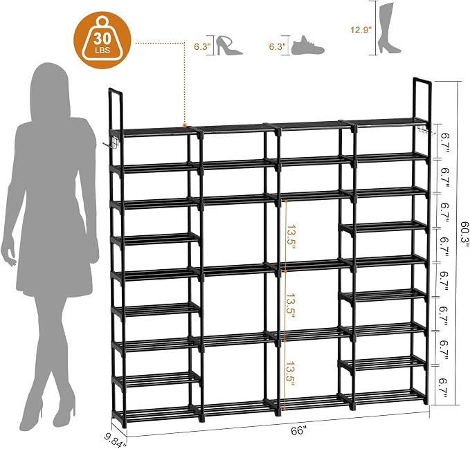 WOWLIVE 4 Row 9 Tiers Extra Large Shoe Rack 68-72 Pairs Big Tall Metal Shoe Shelf, Heavy Duty Organizer for Closet Entryway, Boot Rack Storage Stackable Stand for Garage Black - Image 3