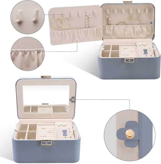 KAMIER Jewelry Organizer Box, 2 Layers PU Leather, Large Capacity, Double Lock and Large Mirror, Hidden Necklace Hooks, Removable Dividers, Gift Box Packaging,Bluish Grey - Image 5