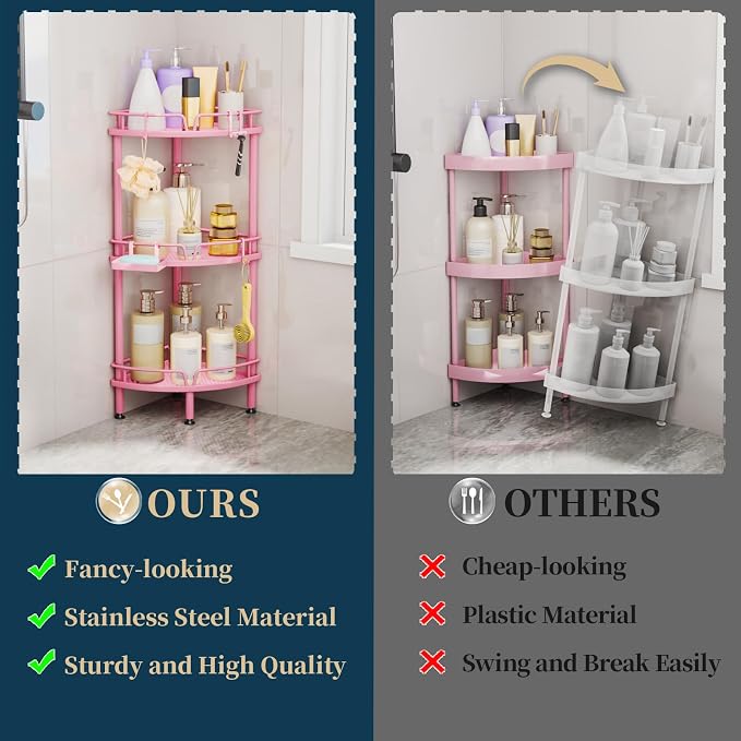 Consumest Corner Shower Caddy Stand - 3 Tier Shower Organizer with Soap Holder, Tall Floor Corner Shelf Standing with Adjustable Feet & 4 Hooks, Storage Rack for Bathroom Pink - Image 3