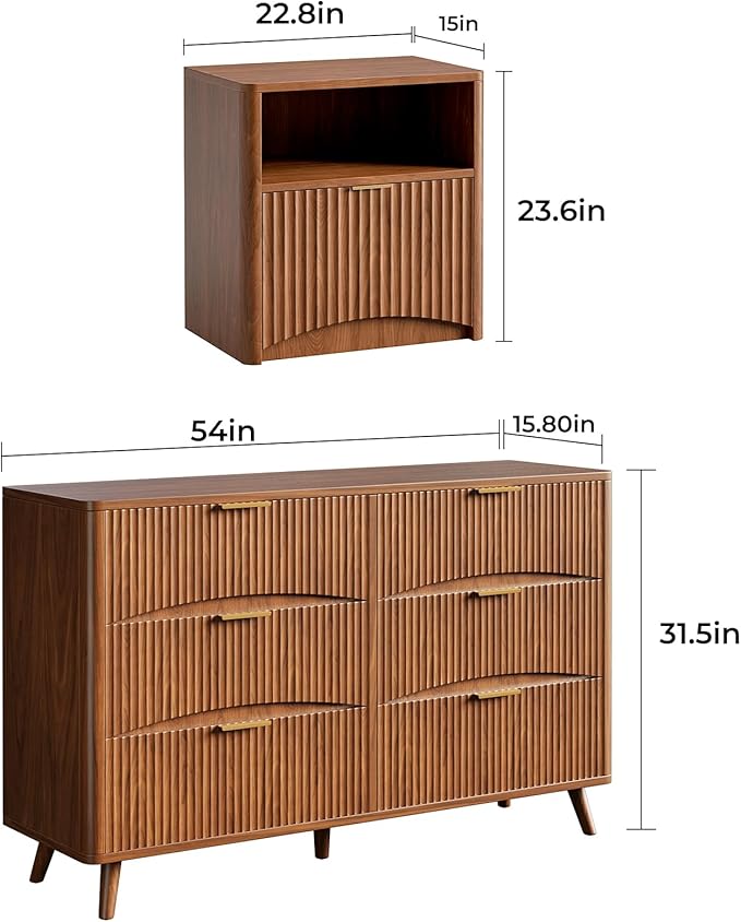 Evermagin 3-Piece Bedroom Furniture Set for Bedroom, 55" Wide Fluted 6-Drawer Dresser with 2 Nightstands, Mid-Century Modern Dresser and Nightstand Set (Walnut)