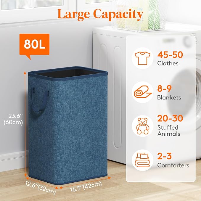 Lifewit 80L Large Tall Laundry Hamper, Collapsible Laundry Basket with Handles, Foldable Clothes Hampers for Laundry, Portable Dirty Clothes Hamper for Dorm College Bedroom Bathroom, Dark Blue - Image 2