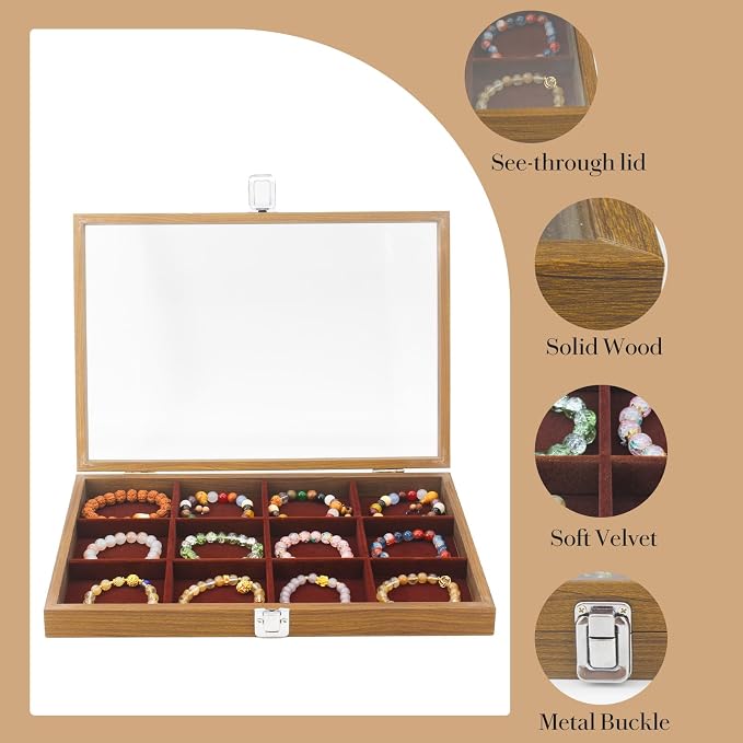 KOOAAICCHI Jewelry Organizer Tray 12 Grid Velvet Jewelry Storage Box with Clear Lid Jewelry Display Case with Lock Bracelet Earring Ring Organizer Showcase Gifts for Girls Women-12 Grid Wooden Brown - Image 3