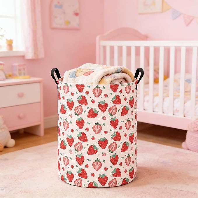 Laundry Hamper Large Canvas Fabric Lightweight Storage Basket/Toy Organizer/Dirty Clothes Collapsible Waterproof for College Dorms, Boys and Girls Bedroom,Bathroom(strawberry) - Image 3
