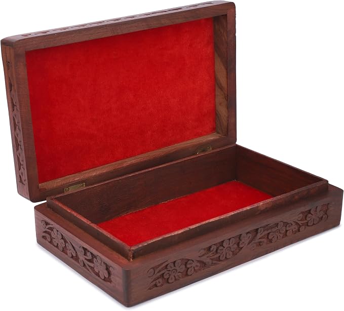 Ajuny Wooden Handcarved Decorative Jewelry Storage Box Flower Design Multipurpose Treasure Chest Keepsake Organizer Necklaces Watch Boxes Great for Gifts 8x5 Inch - Image 6