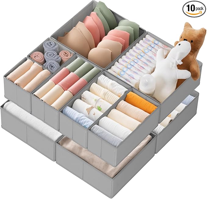 Criusia Drawer Organizer Clothes, 10 Pack Dresser Organizer for Baby Clothes, Underwear, Sock- Foldable Closet Organization and Storage Dividers Bins for Nursery, Bedroom (Grey) by Criusia