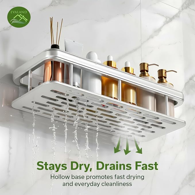 EVALAND Shower Caddy Adhesive 2-Pack with Hooks and Rod for Towels, Silver – Premium Bathroom Shower Shelves, Shampoo Organizer, Bathtub Shelf, Rustproof, Easy Installation, Sturdy Modern Look - Image 7