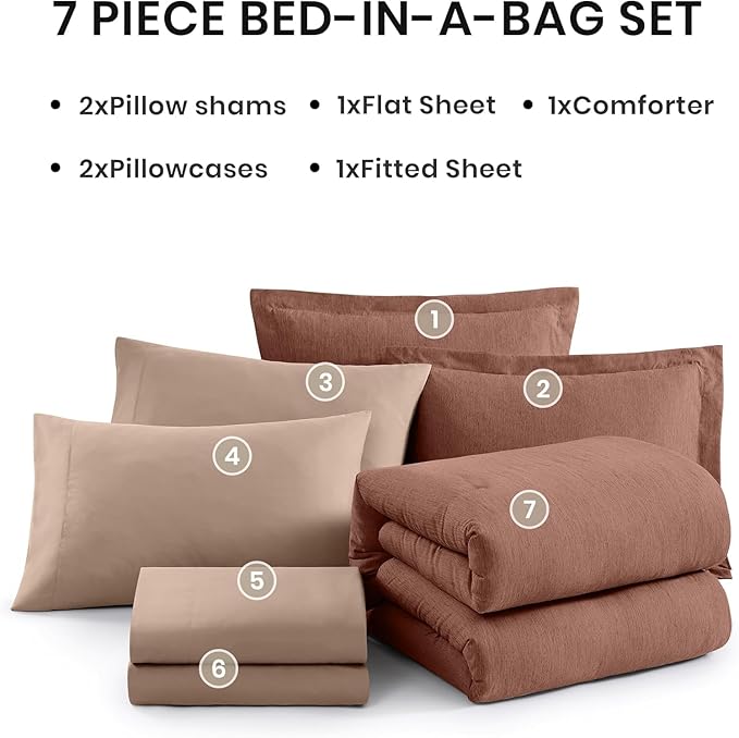 Monbix California King Comforter Set - 7 Pieces Cationic Dyeing Terracotta Bed in a Bag Cal King Bed Sets with Comforter, Sheets, Pillowcases & Shams, Reversible Bedding Comforters Sets