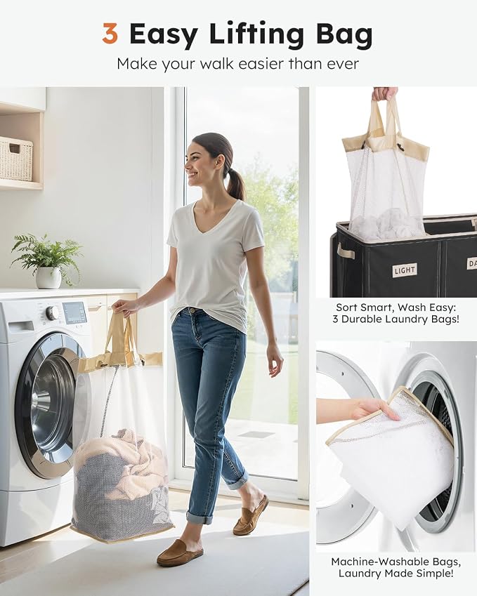 SOLEDI 200L 3-Section Laundry Hamper with Lid, Extra Large Dirty Clothes Basket with Sturdy Handles for Laundry Room & Bedroom - Durable Organizer for Sorting Laundry - Image 6