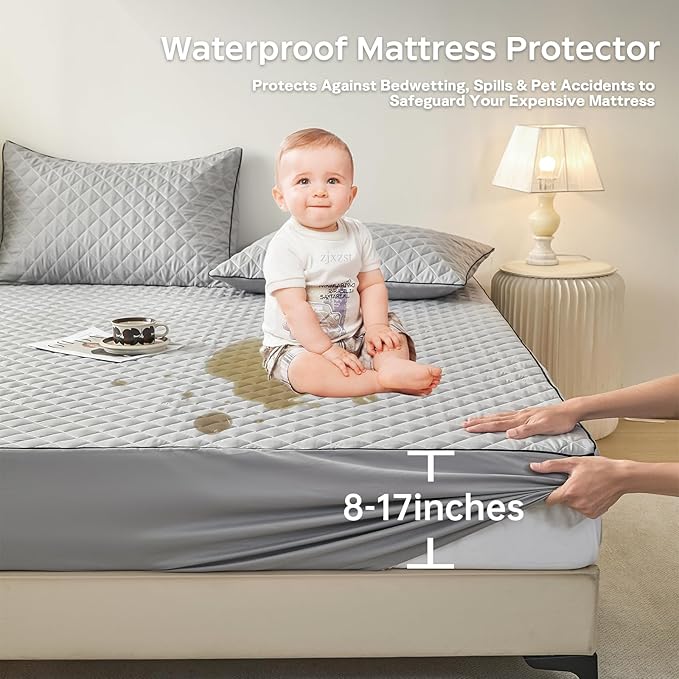 Queen Size Waterproof Mattress Protector & Cover - Fitted Design with 17" Stretch Deep Pockets,Leak-Proof, Urine & Stain Resistant,Non-Slip Elastic Edges(1 Mattress Cover + 2 Pillowcases)(60"x80")