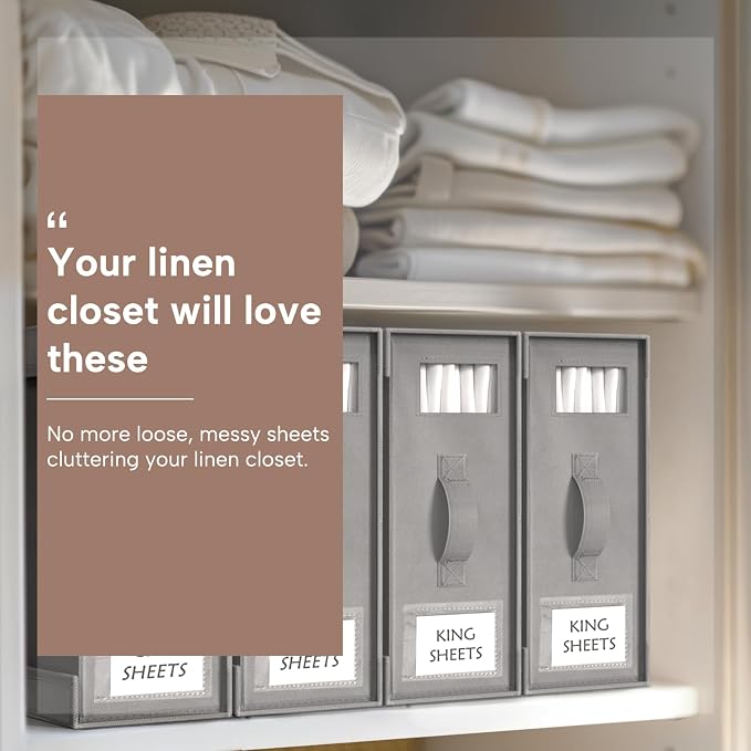 Criusia Bed Sheet Organizers and Storage, 6 Pack Foldable Linen Closet Organizer Box – Bedding Holder for Sheet Set (King/Queen Sizes), Duvet Covers, Blankets (Grey) - Image 3