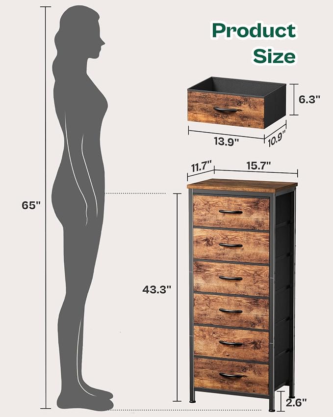 Huuger 43.3 Inch Tall Dresse for Bedroom, 6 Drawer Dresser & Chests of Drawers, Fabric Dresser for Closet, Bedroom, Night Stand, End Table with Metal Frame, Storage Tower, Rustic Brown - Image 2