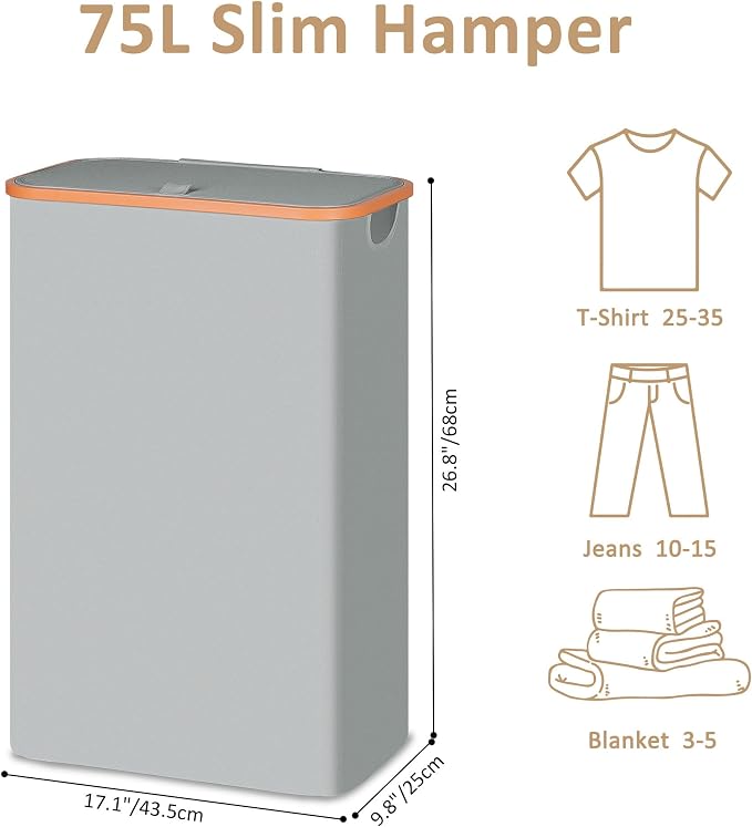 Vincona Slim Laundry Basket with Lid, Narrow Dirty Clothes Hampers for Laundry with Handle, Skinny Laundry Bin for Laundry Room, Dorm, Bedroom and Bathroom, 19.8 Gallon (75L) Silver Grey - Image 3