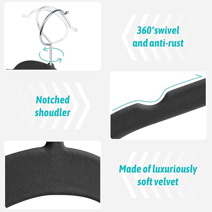 Sishynio Premium Velvet Hangers 50 Pack - Space-Saving Closet Organizer for Clothes, Non-Slip Flocked Design, Ideal for Shirts and Coats (Black) - Image 2