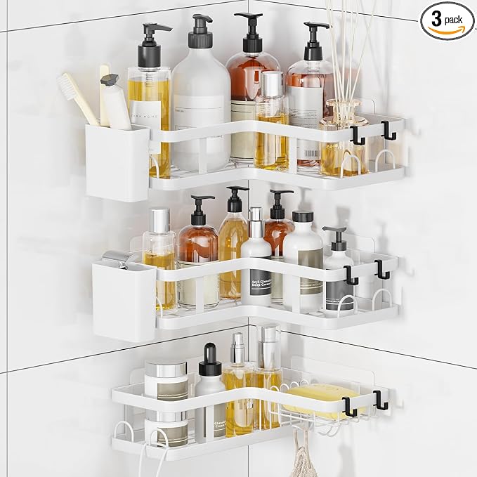 3 Pack Corner Shower Caddy Organizer, Rustproof Corner Shower Shelves, No Drilling Bathroom Corner Shelf with Hooks and Toothpaste Holder by PUPILLEMONJEWELRY