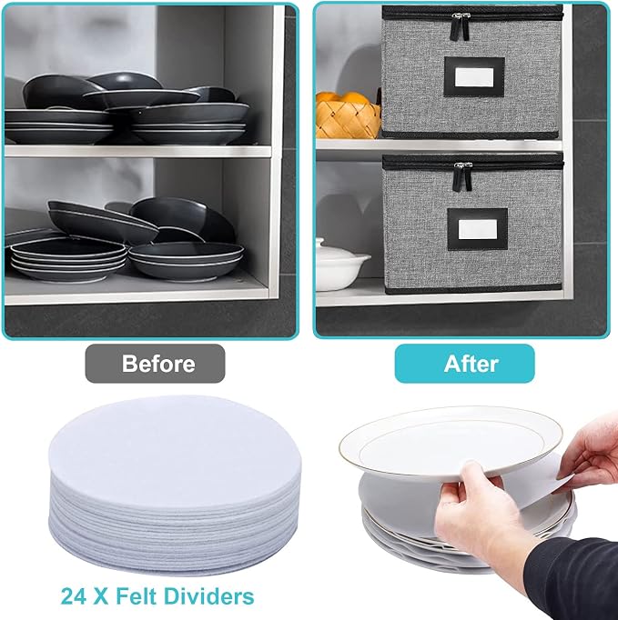 China Storage Containers-Quilted Dish Storage Containers with Lid Hard Shell for Moving Transport, Dinnerware Storage,Stackable Plate Storage,24 Felt Plate Dividers Included,2PACK 12*12*8in - Image 2