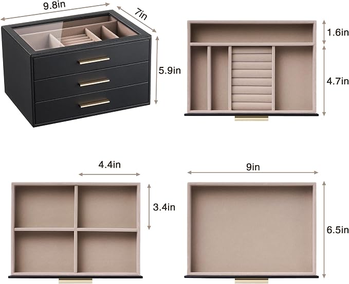 pickpiff Jewelry Box Organizer Case for Women: 3-Layer Jewelry Storage Case with Glass Window, Black Leather with Blush Velvet, Holder for Ring Necklace Bracelet Brooch Watch, Great Gift for Her - Image 8