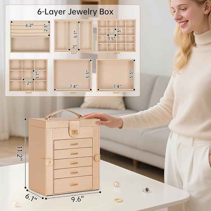 AKOZLIN 6-Tier Jewelry Box Organizer Functional 5 Drawers Leather Jewelry Storage Case for Women Girls Ring Necklace Earring Bracelet Holder Organizer with Mirror Champagne - Image 6