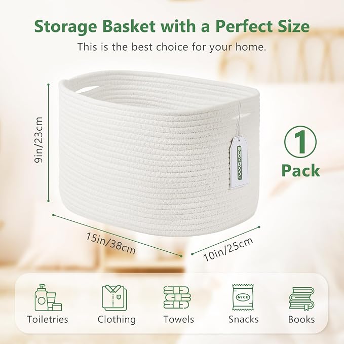 ECDYQXVU Cotton Rope Storage Basket, 15x10x9 Inches, Woven Basket for Shelves, Clothes, Towels, Books, and Laundry, White (1 Pack) - Image 3