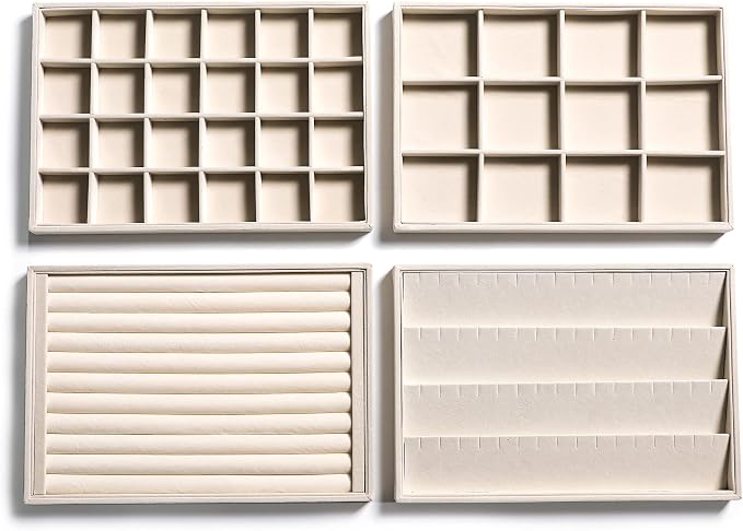 Frebeauty Stackable Velvet Jewelry Organizer Trays for Drawers Inserts Jewelry Storage Tray Display Case Earrings Bracelets Necklace Rings Accessories Trays for Women Girls(Set of 4)（Beige by Frebeauty