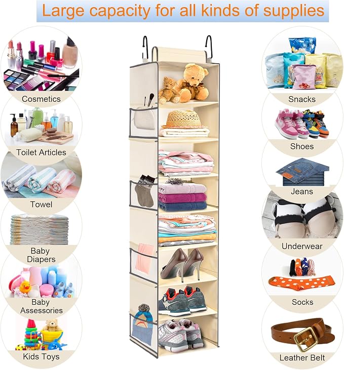 Large-Sized Hanging Shoe Organizer 8-Shelf, Hanging Closet Organizer with 8 Side Pockets, Wider Hanging Shelves for Storage Shoes Clothes 9" W × 11.8" D× 48" H, Beige. - Image 6