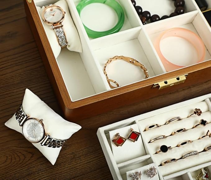 Solid Walnut Wood Jewelry Box with Lock, 2-Layer Vintage Jewelry Organizer for Men Women, Velvet-Lined Storage Chest with Key Lock (Beige)​ - Image 4