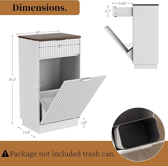 Tilt-Out Trash Cabinet, White Laundry Hamper Cabinet with Black Top, 34.3 x 19 x 13.8 inches, 10 Gallon Capacity, Wave-Textured Front, Storage Drawer. - Image 3
