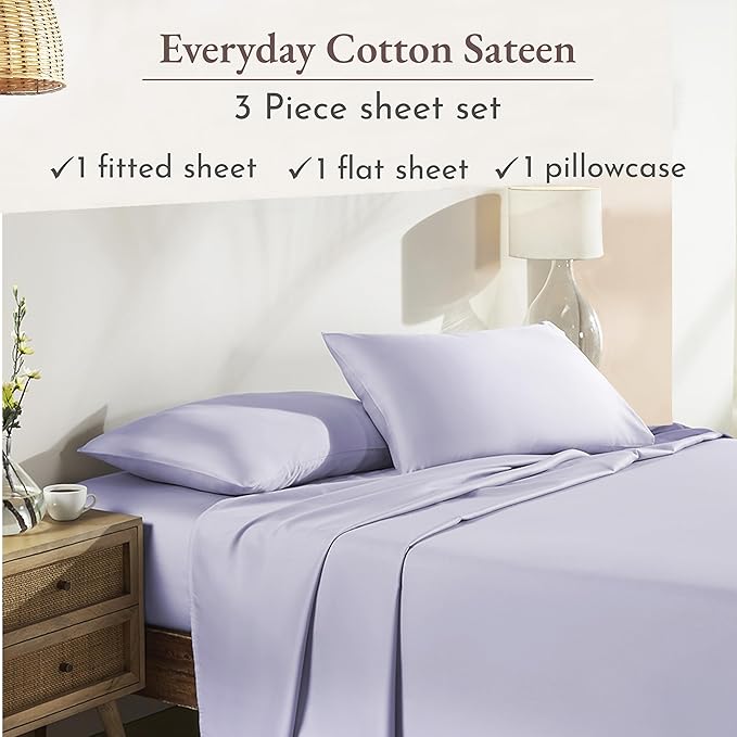 California Design Den Twin XL Sheets Set - Natural 100% Cotton Bed Sheets, Soft Sateen, Fully Elasticized 12" Pockets, Breathable and Durable Bedding for Dorm Room - Lavender