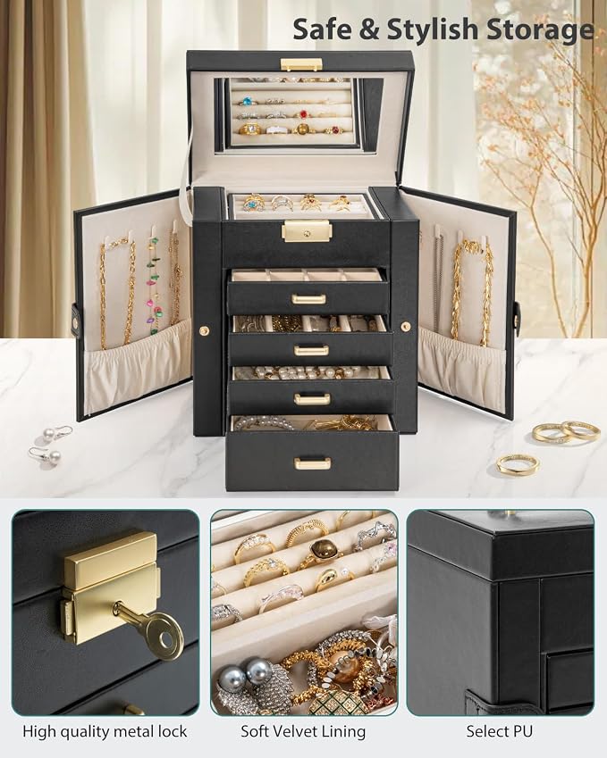 AKOZLIN 5-Tier Jewelry Box Leather Jewelry Storage Organizer with 4 Drawers Lockable for Women Girls Ring Necklace Earring Bracelet Watches Holder with Mirror Black - Image 6