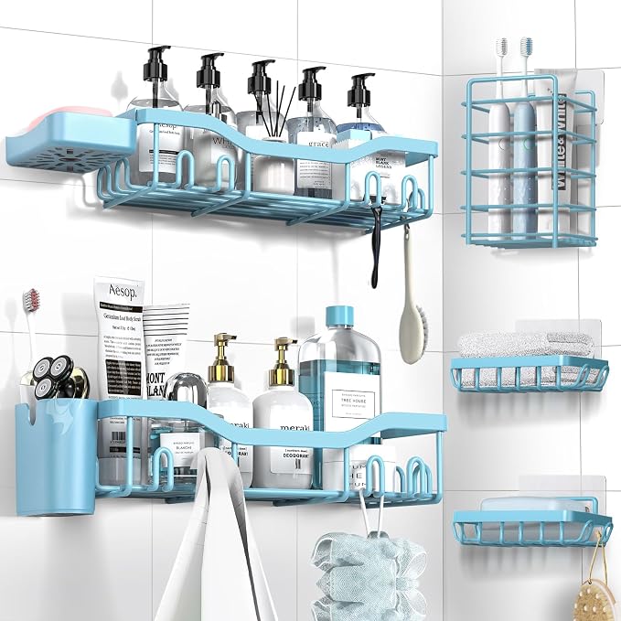 NESOMI Shower Caddy Adhesive Shower Organizer 7-Pack, Rustproof Stainless Steel Bathroom Shelves, Large Capacity No-Drill Rack Storage Accessories with Soap Dish Toothbrush Holder Hooks by OrganizeYourHomeEssentials