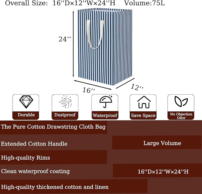 Waterproof Laundry Hamper 75L Collapsible Laundry Basket Extended Cotton Handle Laundry Bag Large Clothes Storage Toy Organization for Bathroom Bedroom Laundryroom College Dorms - Image 2