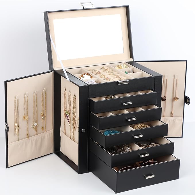 BOOVO Jewelry Box For women, 6 Layer Large Jewelry Organizer With Mirror, Multi-Function Storage Box With Lock, Necklace Holder With 5 Drawers, For Earrings Necklace Bracelet (Silver and Black) by BOOVO