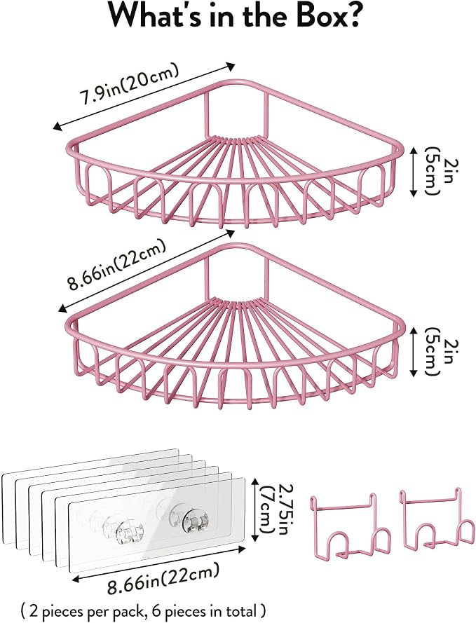 Orimade Corner Shower Caddy with 2 Hooks Wall Mounted Metal Bathroom Shelf Storage Organizer Adhesive No Drilling 2 Pack, Pink Only for 90-Degree Corner - Image 8