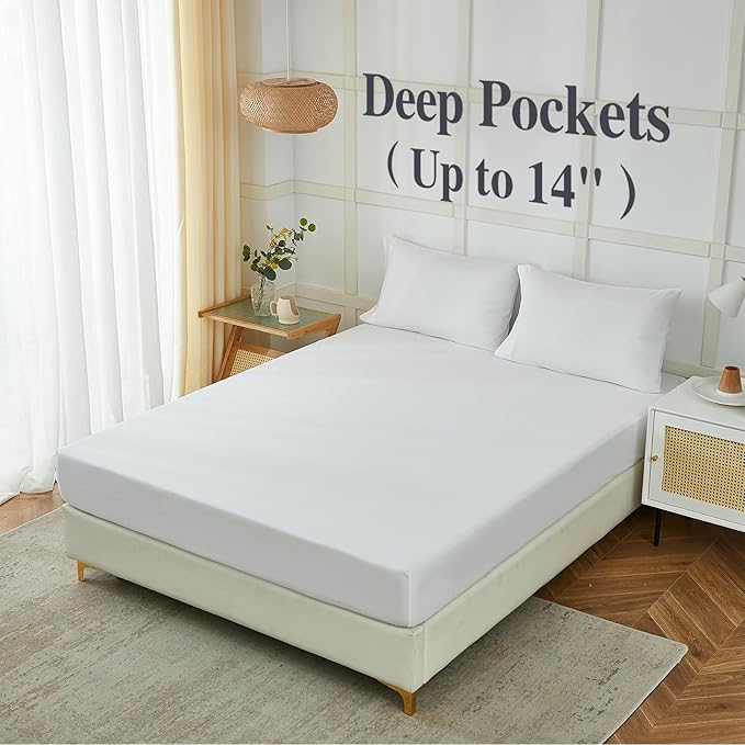 ILAVANDE White Sheets Set 4 Piece,Hotel Luxury Super Soft 1800 Series Microfiber Queen Bed Sheets Set-Wrinkle Free & Breathable-14 Deep Pocket Sheets for Queen Size Bed(Queen,White)