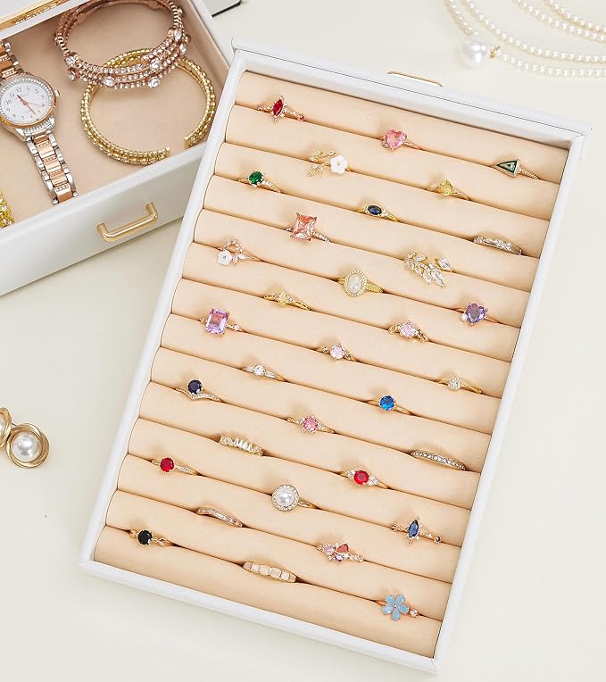 Homde Jewelry Organizer with Transparent Window Necklace Hooks Gift for Women Jewelry Box Display Case for Necklaces Rings Earrings Bracelets and Other Jewelry Accessories (White + Gold) - Image 8