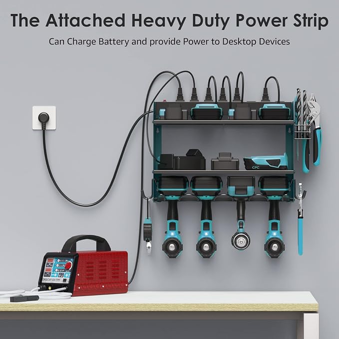 CCCEI Modular Power Tool Organizer Wall Mount with Charging Station. Garage Drill Storage Shelf with Hooks, Heavy Duty Rack, Tool Battery Holder Built in 8 Outlet. Gift for Men. Navy Blue, 2 Pack. - Image 3