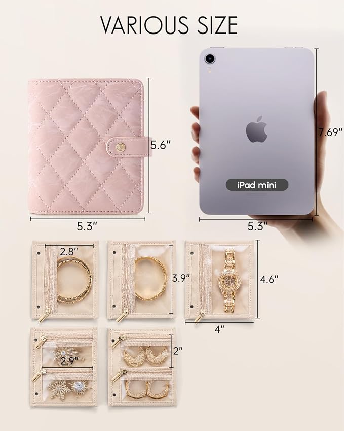 VLANDO Travel Jewelry Organizer Case,Gifts for Women,Portable Jewelry Storage Book Ring Binder with Clear Zipper Velvet Pouch Bag for Traveling,Rings,Necklace,Earrings,Bracelets,Brooches-Sand Pink - Image 3