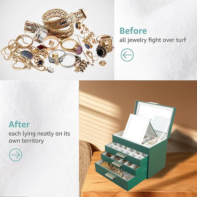 BOOVO Jewelry Boxes for Women, White and Black 6 Layer Large Jewelry Box for Necklace, Bracelet, Earrings, Rings Storage, Jewelry holder Organizer for Girls Gift (Dark Green, 4 layer) - Image 7
