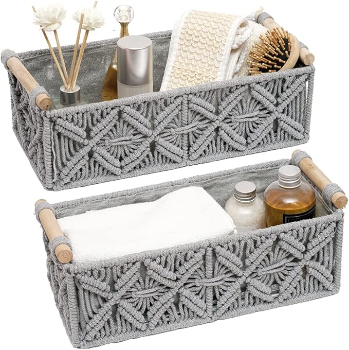 Macrame Storage Basket Boho Decor Baskets for Organizing Woven Decorative for Countertop Toilet Paper Basket for Tank Top for Home Decor Bedroom Nursery Livingroom Entryway (Set of 2,Grey) by HOSROOME