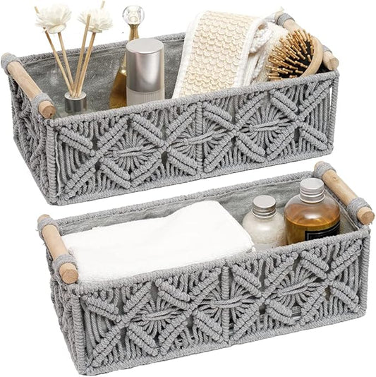Macrame Storage Basket Boho Decor Baskets for Organizing Woven Decorative for Countertop Toilet Paper Basket for Tank Top for Home Decor Bedroom Nursery Livingroom Entryway (Set of 2,Grey) by HOSROOME