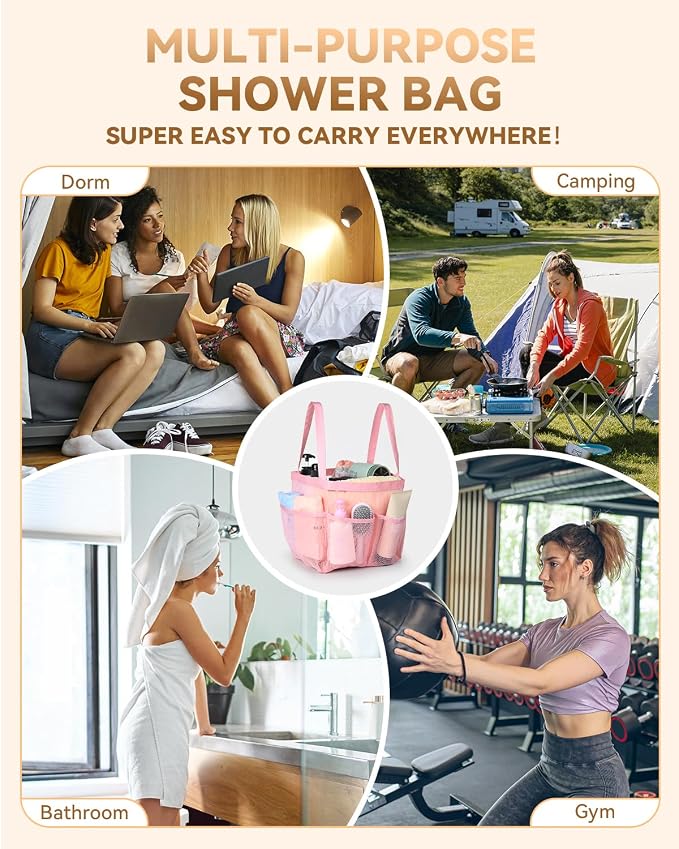 Temede Mesh Shower Caddy Tote, Large Shower Caddy Basket Portable, Quick Dry Hanging Toiletry Bag, 8 Storage Pocket Bath Organizer for College Dorm, Gym, Camp, Travel (Pink) - Image 6