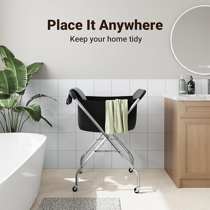 ELYKEN Laundry Cart with Wheels, 33”H Easy Rolling Laundry Hamper with Removable Liner Bag, Sturdy Metal Frame Clothes Basket with 4 Casters and 2 Brakes - Image 6